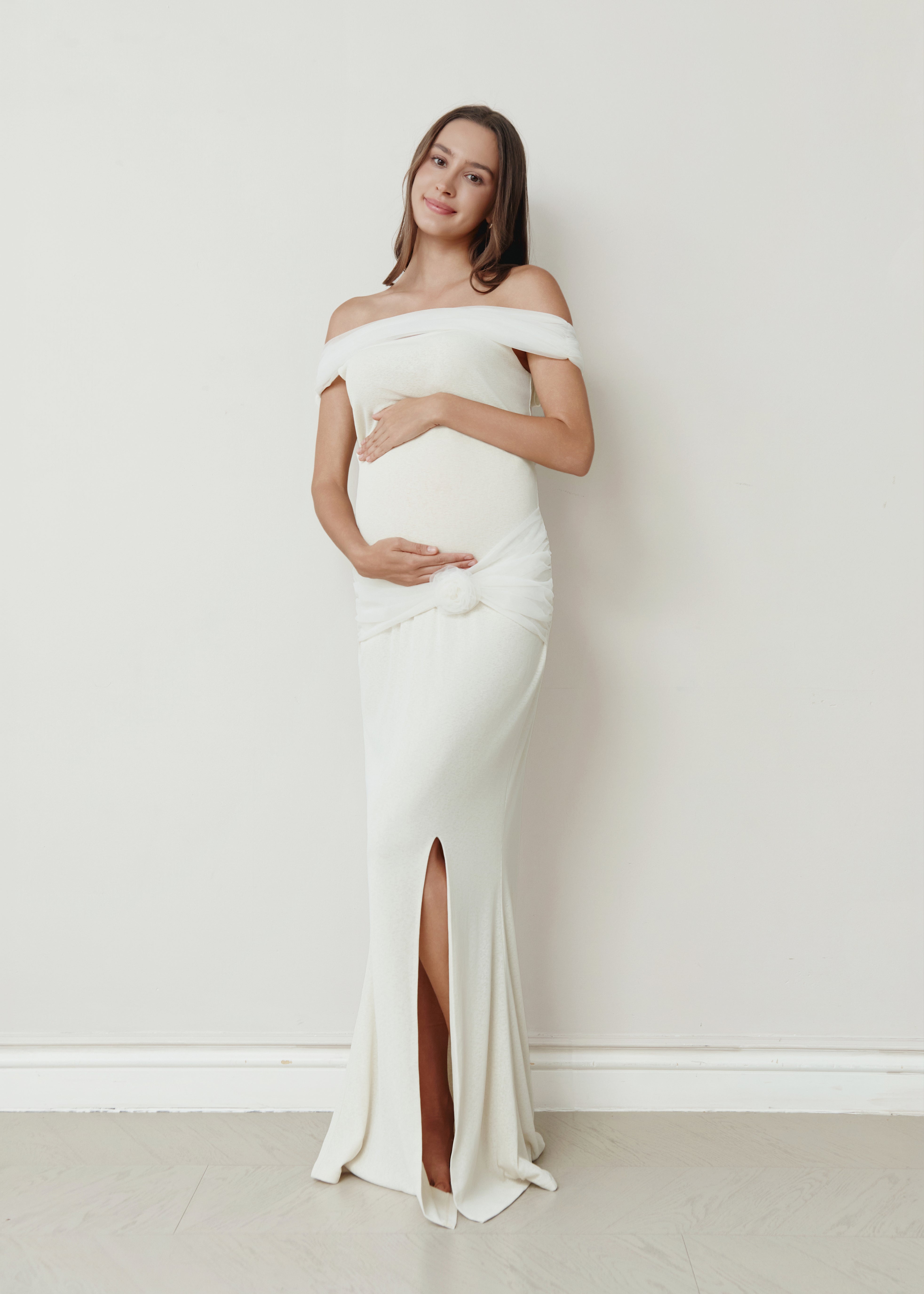 white off the shoulder maternity dress Ever After Maternity Dress